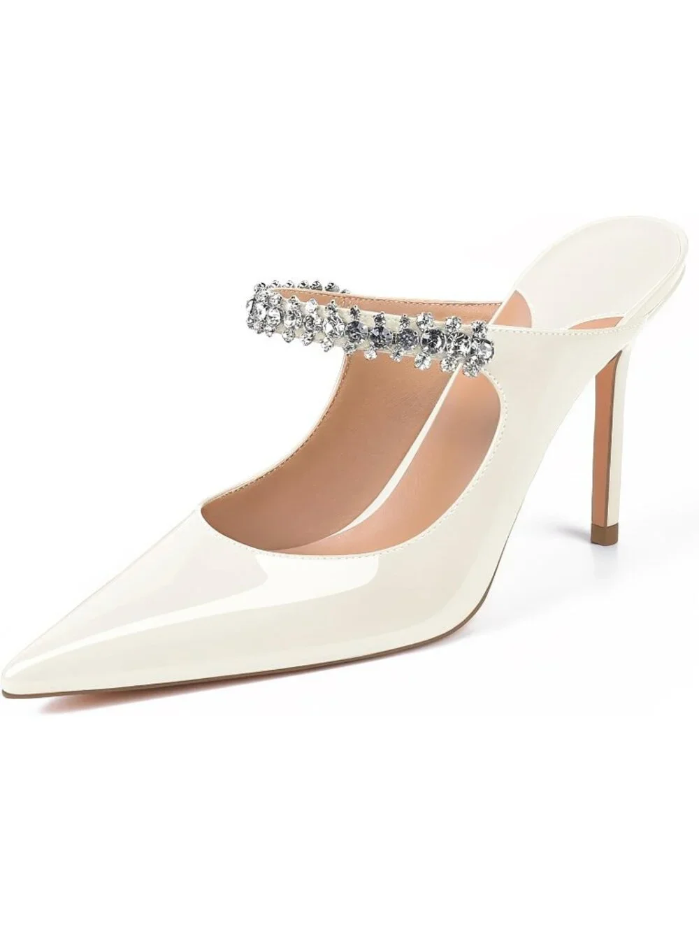 Women's Beige Rhinestone Heels Pointed Toe Slip On 4